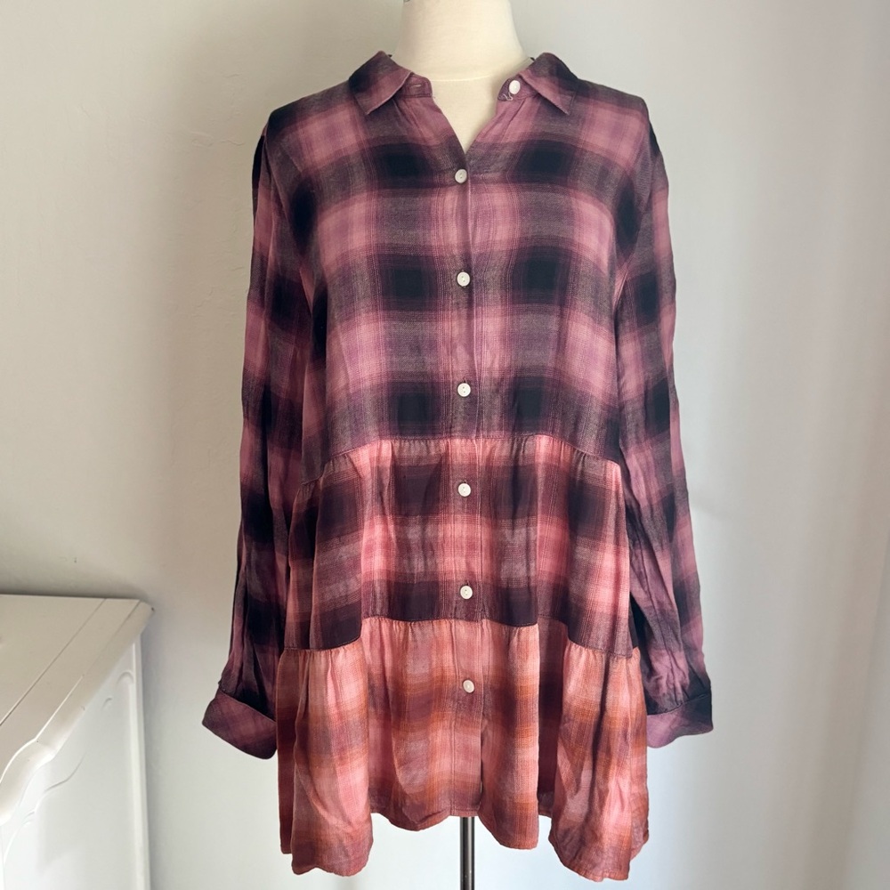 J Jill Plaid Brushed Cotton Modal Tiered Ombre Tunic Button-Up, Size Medium - Picture 1 of 8